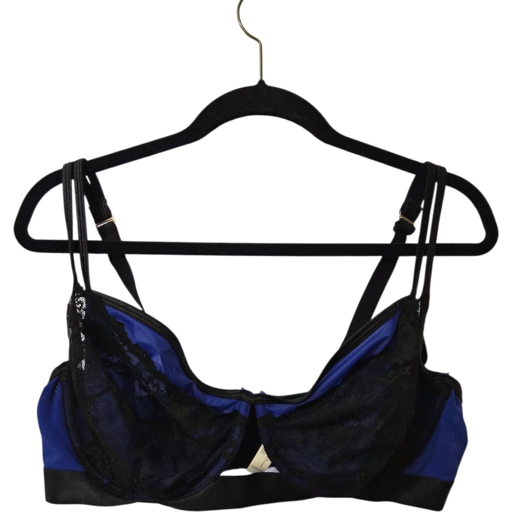 Cacique 44D Balconette Bra Blue‎ Black Lace Underwire Full Coverage Plus Size